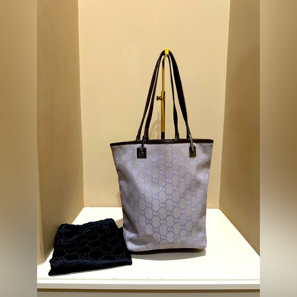 Gucci Monogram Lavender Tote Small Bag with Brown Leather Trim